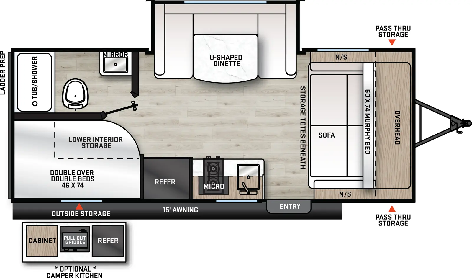 The 184BHS has one slide out and one entry. Exterior features rear outside storage, front pass-thru storage, and 15 foot awning. Interior layout front to back: murphy bed sofa with overhead cabinet and night stand on each side; off-door side u-dinette slide out; door side entry, sink, overhead cabinet, cook top, microwave, and refrigerator; rear off-door side full bathroom; rear door side double over double bunks. Optional camper kitchen cabinet, pull-out griddle and refrigerator available.